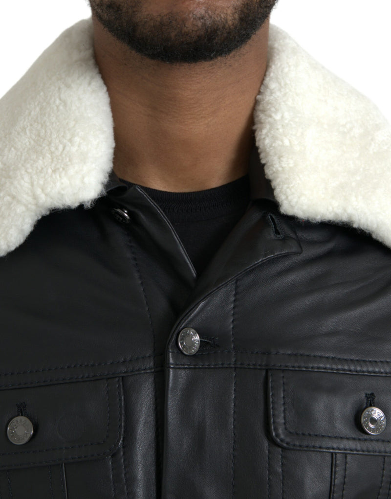 Black Leather Fur Collar Biker Coat Jacket Dolce & Gabbana