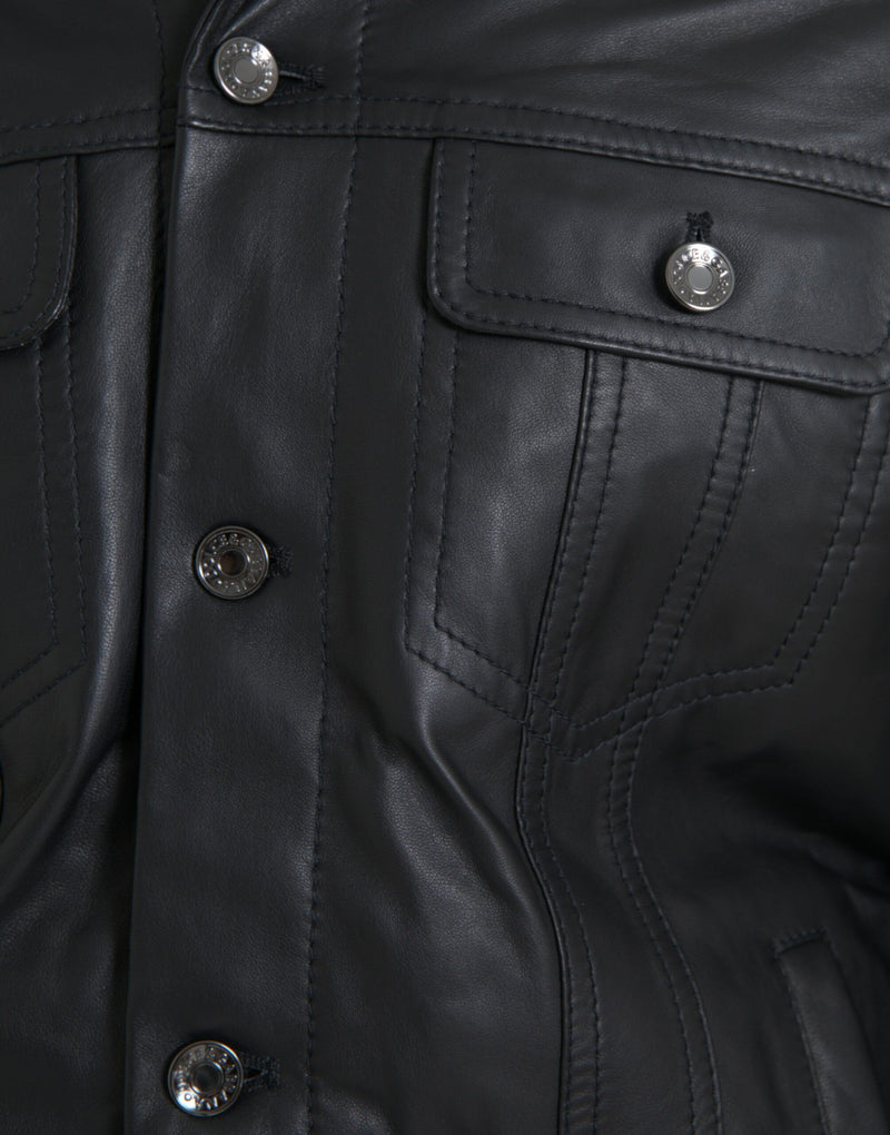 Black Leather Fur Collar Biker Coat Jacket Dolce & Gabbana