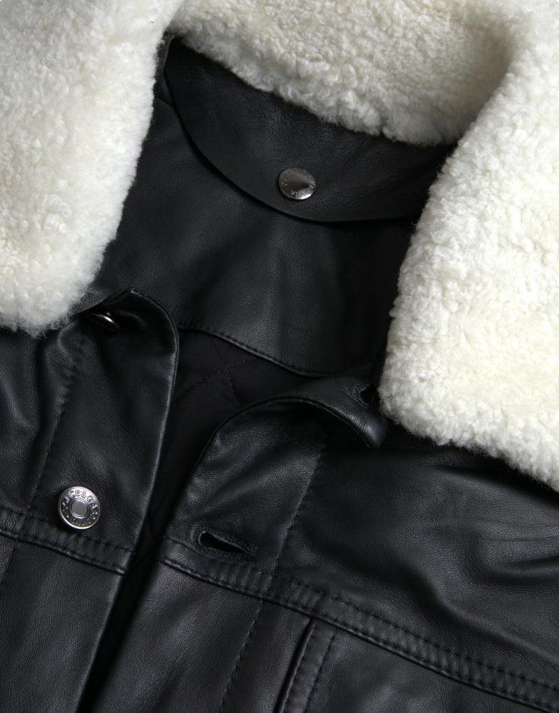 Black Leather Fur Collar Biker Coat Jacket Dolce & Gabbana