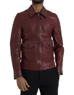 Maroon Exotic Leather Zip Biker Coat Jacket Dolce & Gabbana