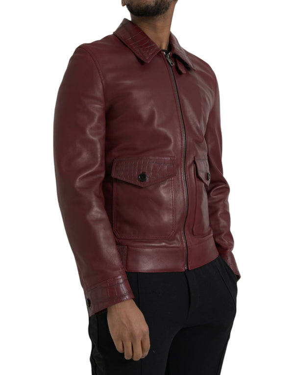 Maroon Exotic Leather Zip Biker Coat Jacket Dolce & Gabbana