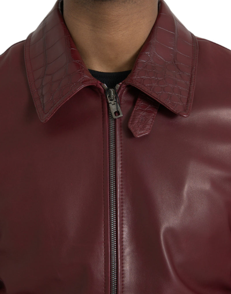 Maroon Exotic Leather Zip Biker Coat Jacket Dolce & Gabbana