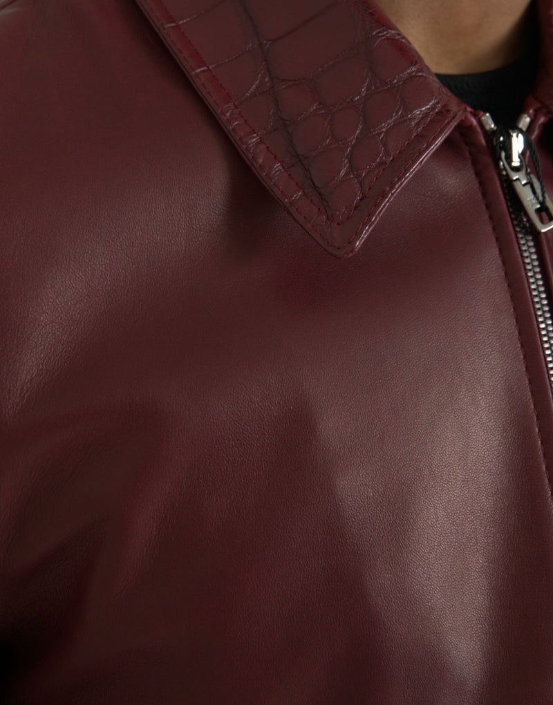 Maroon Exotic Leather Zip Biker Coat Jacket Dolce & Gabbana