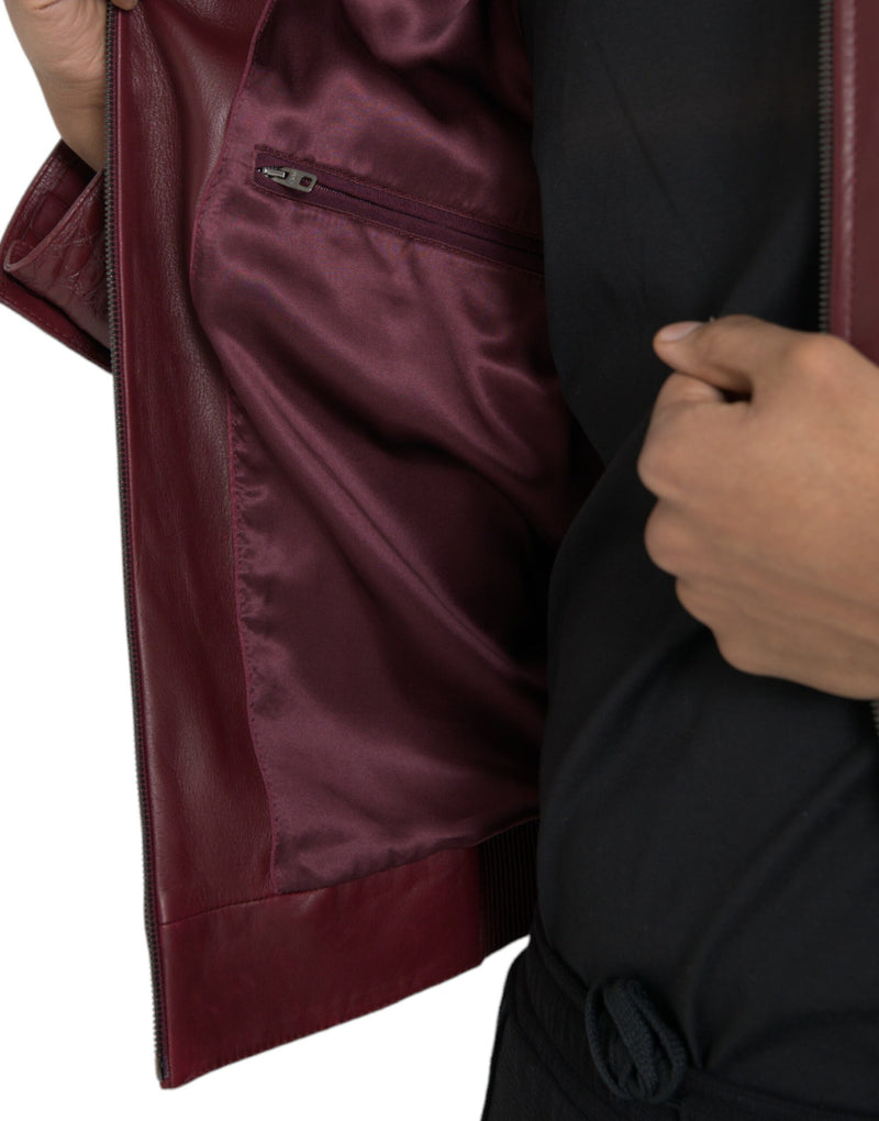 Maroon Exotic Leather Zip Biker Coat Jacket Dolce & Gabbana