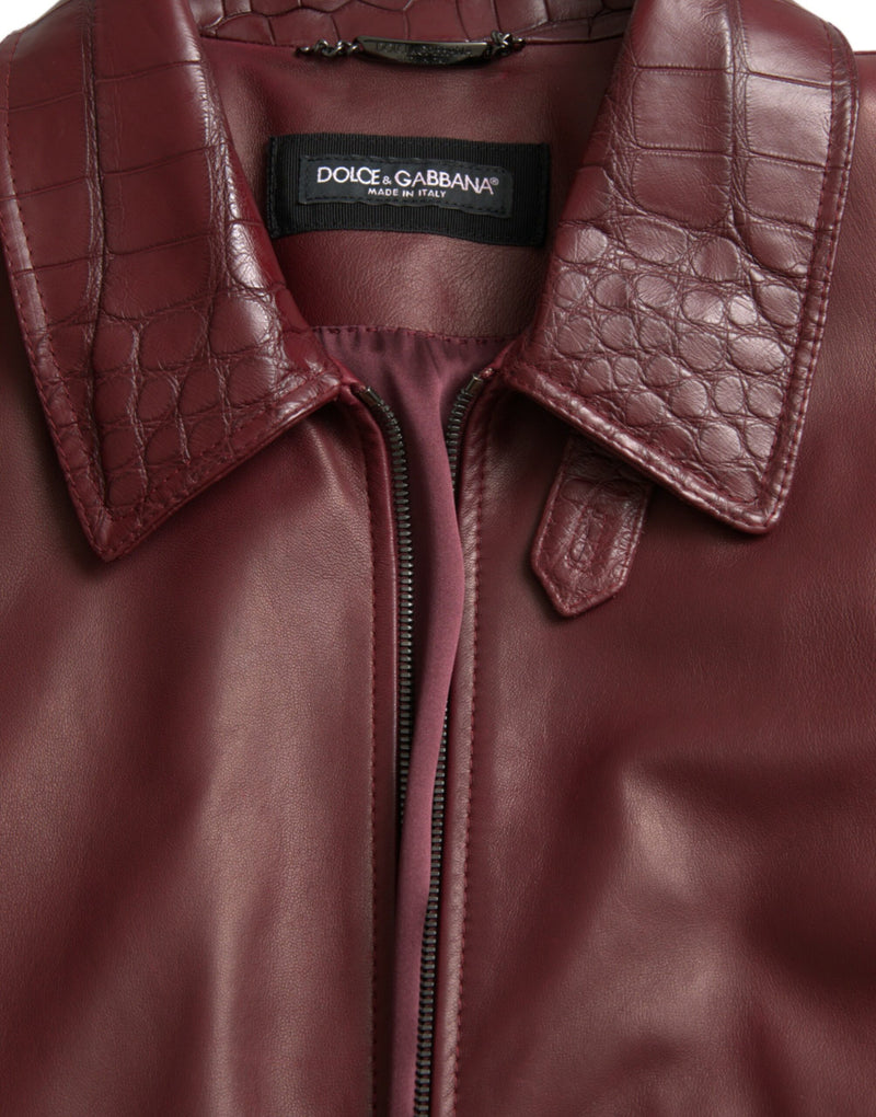 Maroon Exotic Leather Zip Biker Coat Jacket Dolce & Gabbana