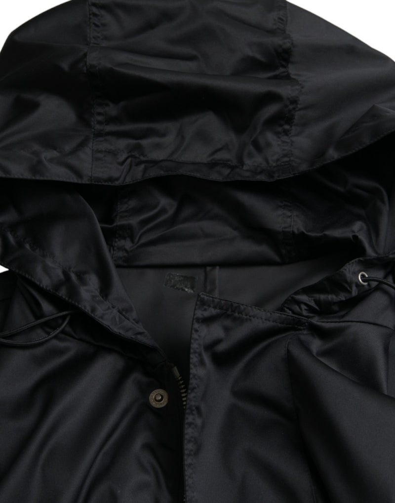 Black Polyester Hooded Long Windbreaker Jacket Dolce & Gabbana