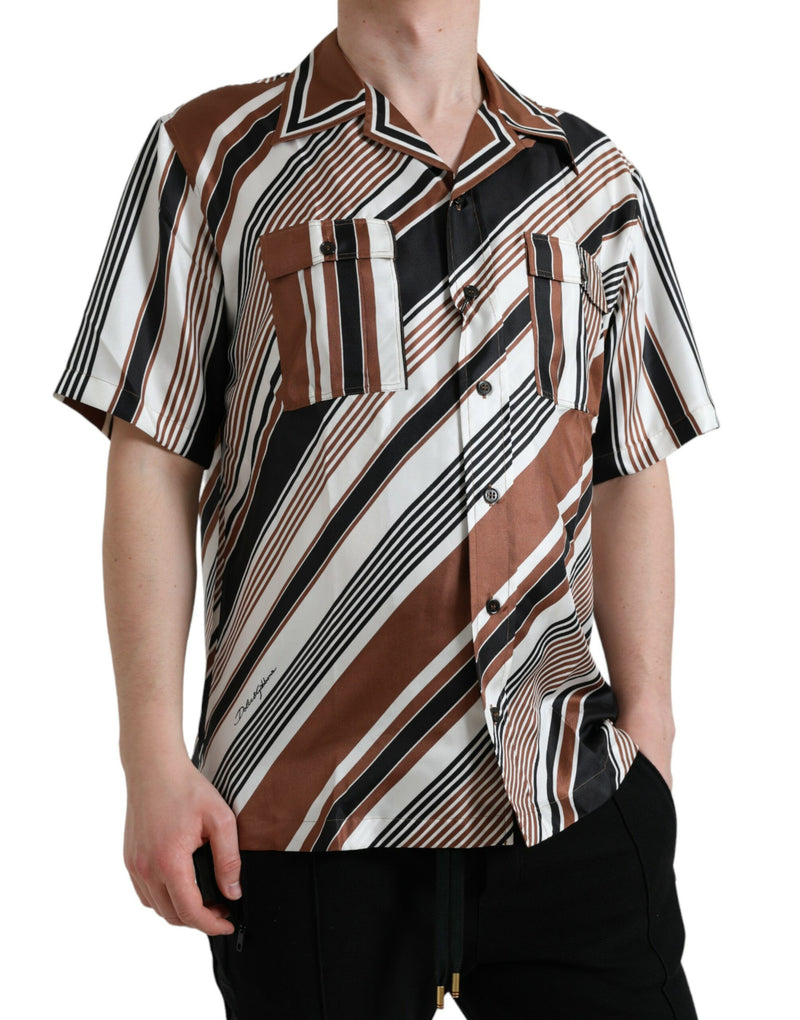 Brown White Silk Striped Short Sleeve Shirt Dolce & Gabbana