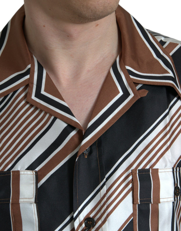 Brown White Silk Striped Short Sleeve Shirt Dolce & Gabbana