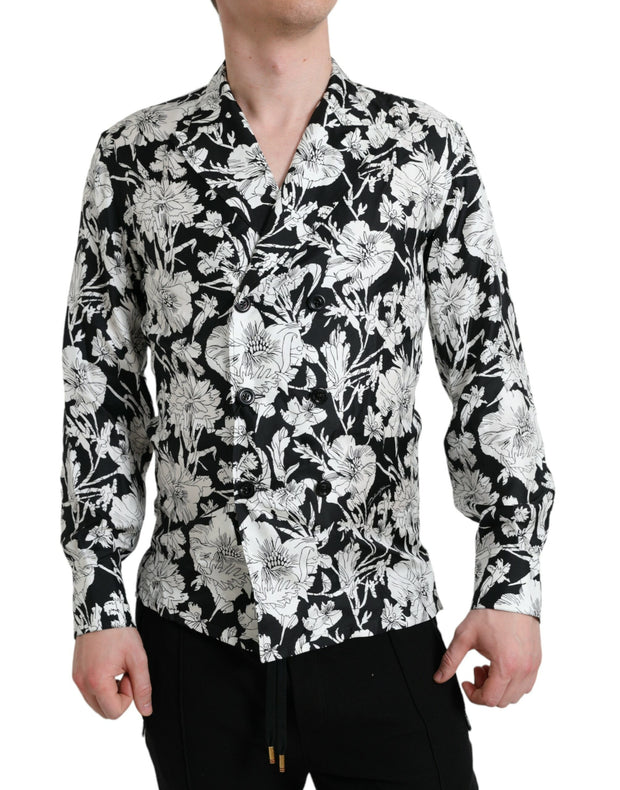 Black White Floral Button Down Casual Shirt Dolce & Gabbana