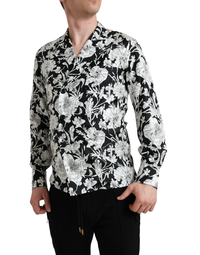 Black White Floral Button Down Casual Shirt Dolce & Gabbana