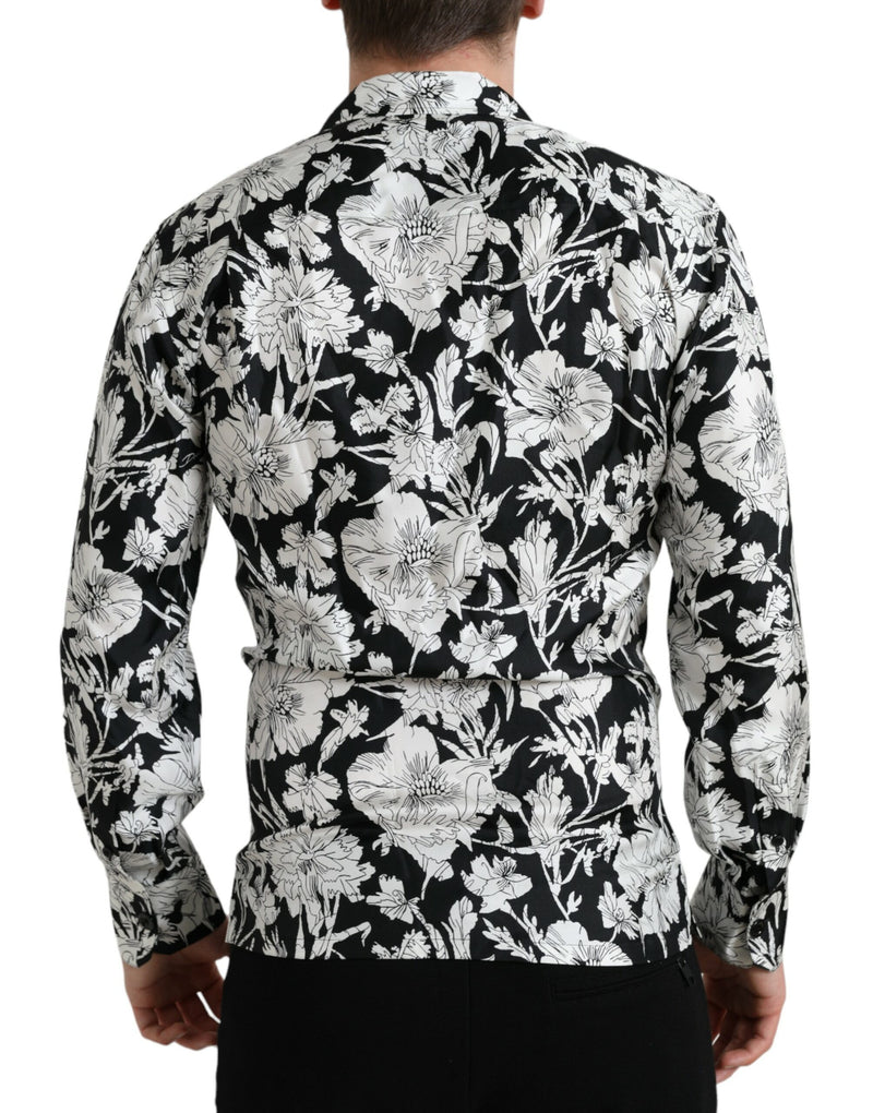 Black White Floral Button Down Casual Shirt Dolce & Gabbana