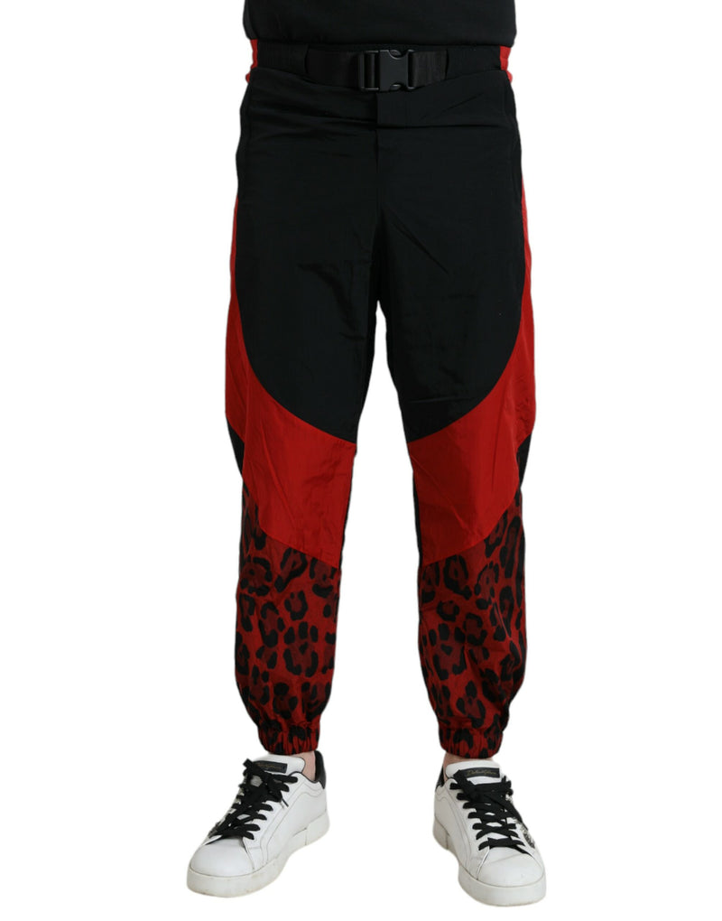 Black Red Leopard Print Nylon Jogger Pants Dolce & Gabbana