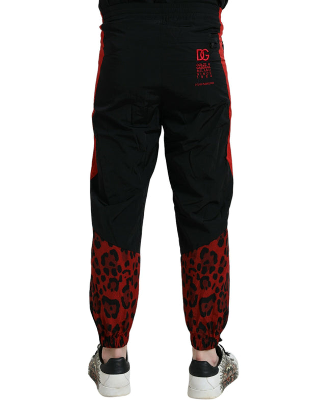 Black Red Leopard Print Nylon Jogger Pants Dolce & Gabbana