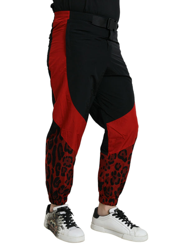 Black Red Leopard Print Nylon Jogger Pants Dolce & Gabbana