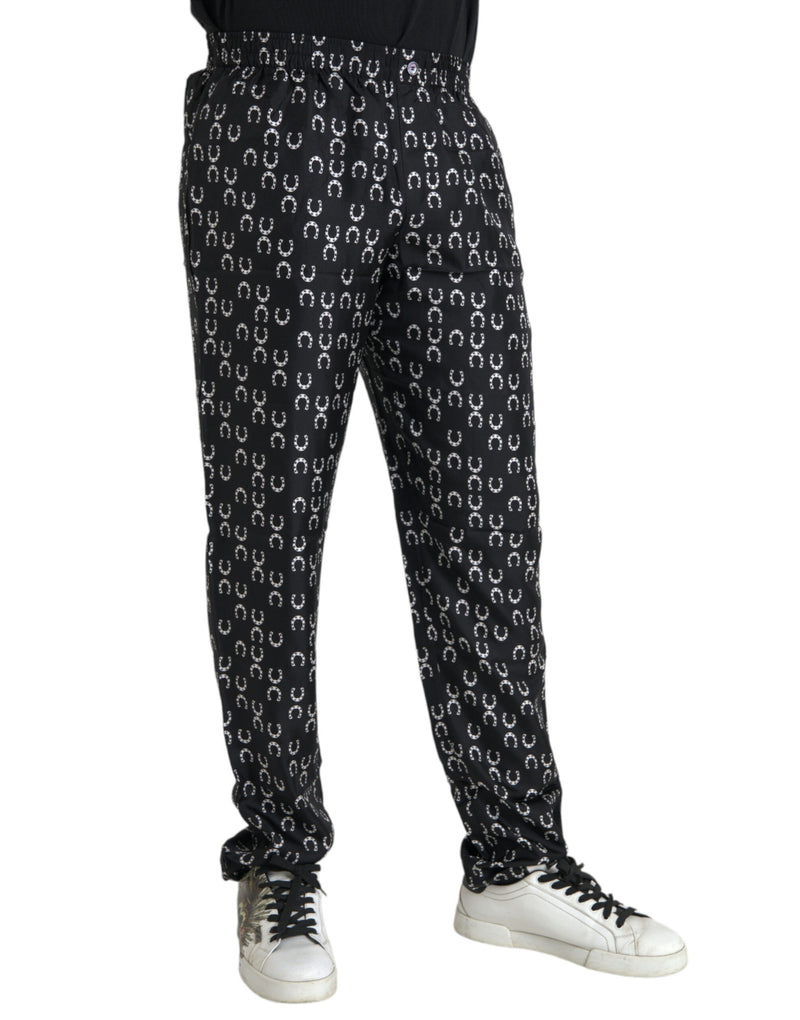 Black Horseshoe Print Silk Pants Dolce & Gabbana