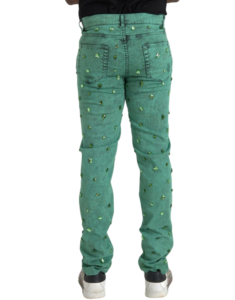 Green Crystals Cotton Stretch Slim Jeans Dolce & Gabbana