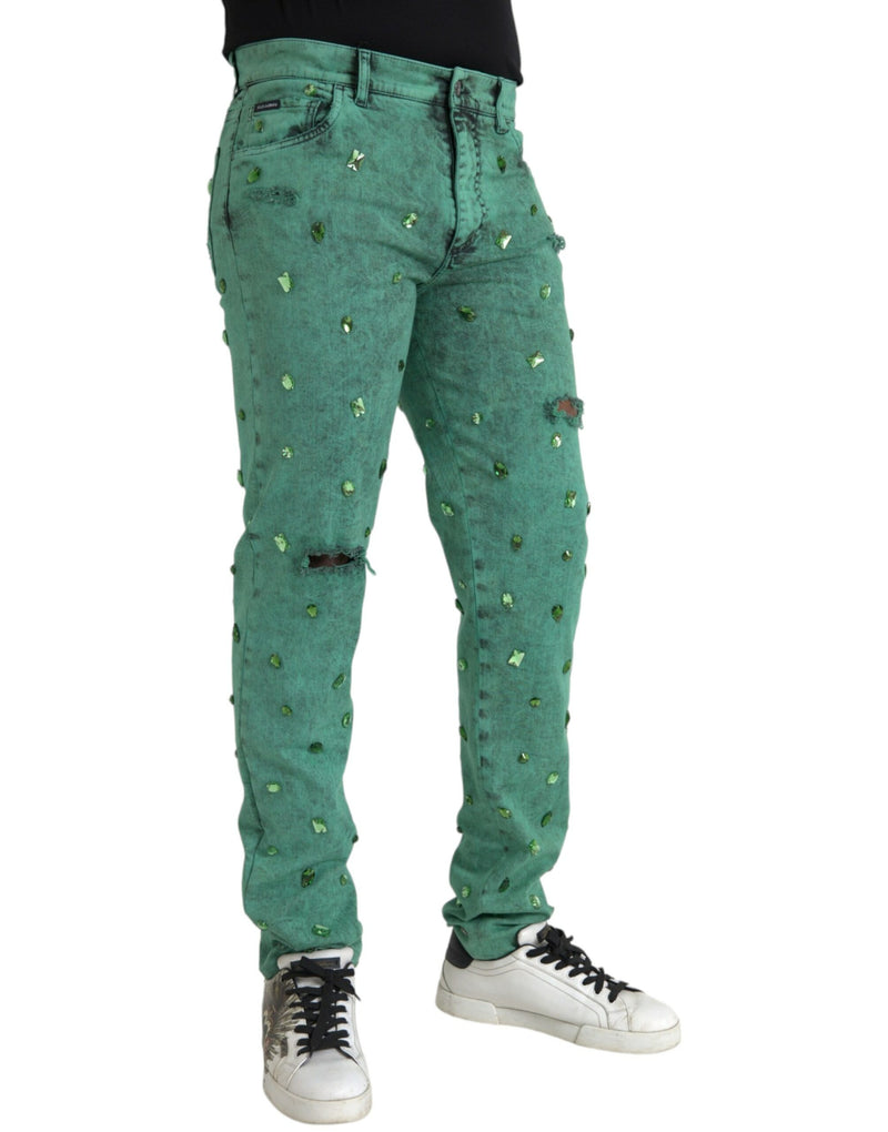 Green Crystals Cotton Stretch Slim Jeans Dolce & Gabbana