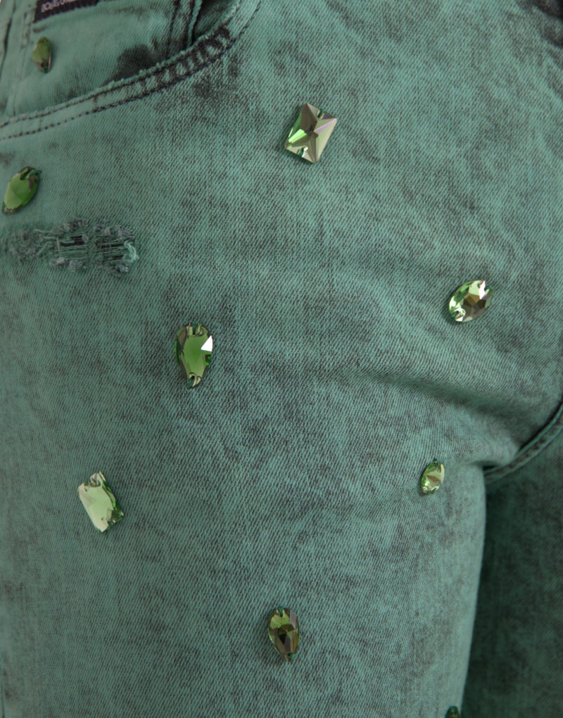 Green Crystals Cotton Stretch Slim Jeans Dolce & Gabbana