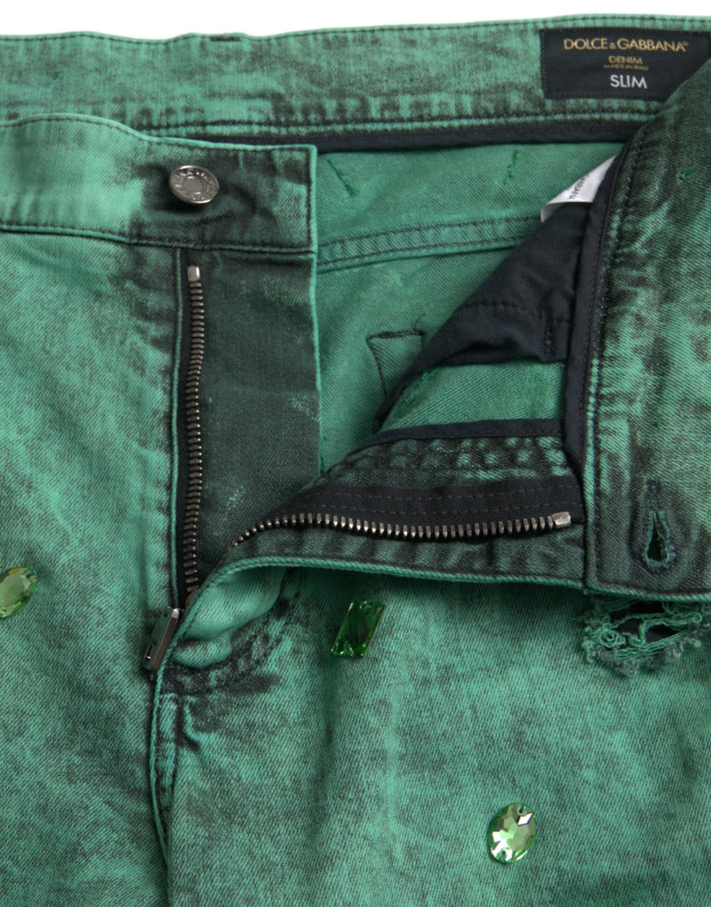 Green Crystals Cotton Stretch Slim Jeans Dolce & Gabbana