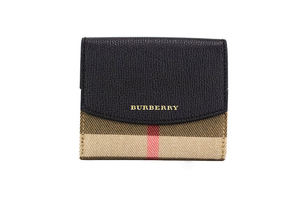 Luna Black Grained Leather House Check Canvas Coin Pouch Snap Wallet Burberry