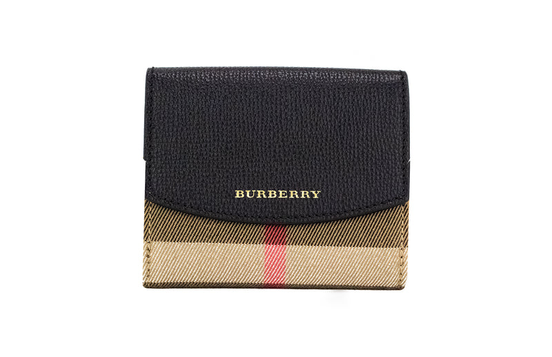 Luna Black Grained Leather House Check Canvas Coin Pouch Snap Wallet Burberry