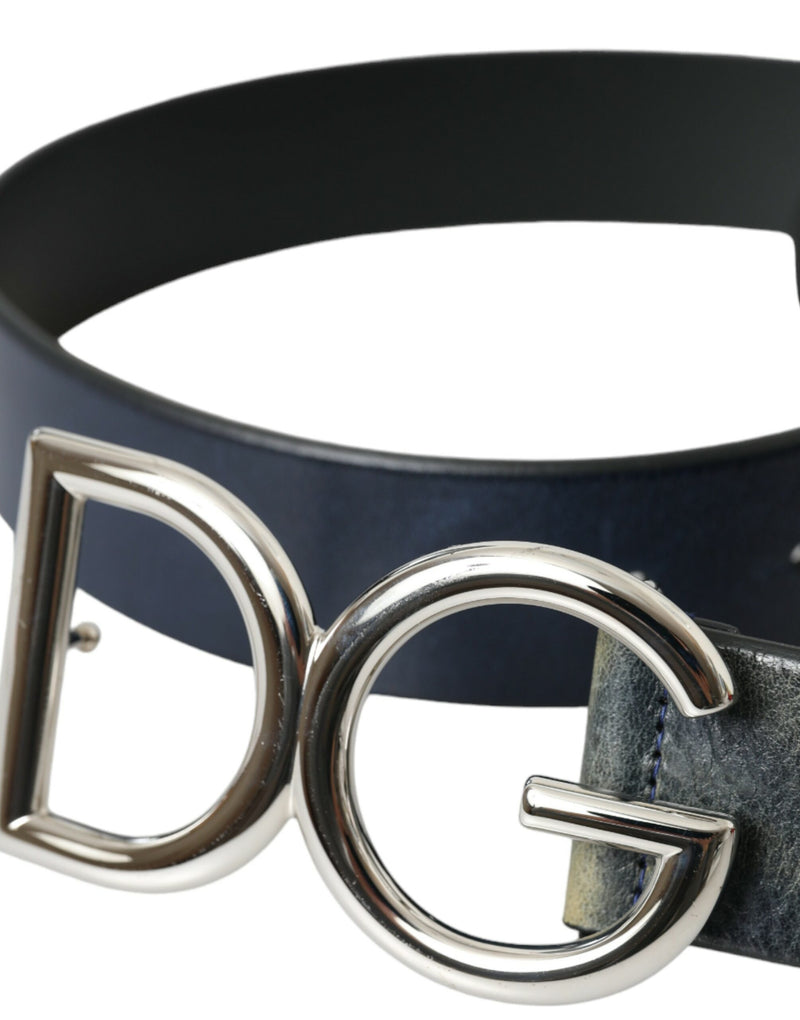 Blue Leather Silver Metal Logo Buckle Belt Men Dolce & Gabbana