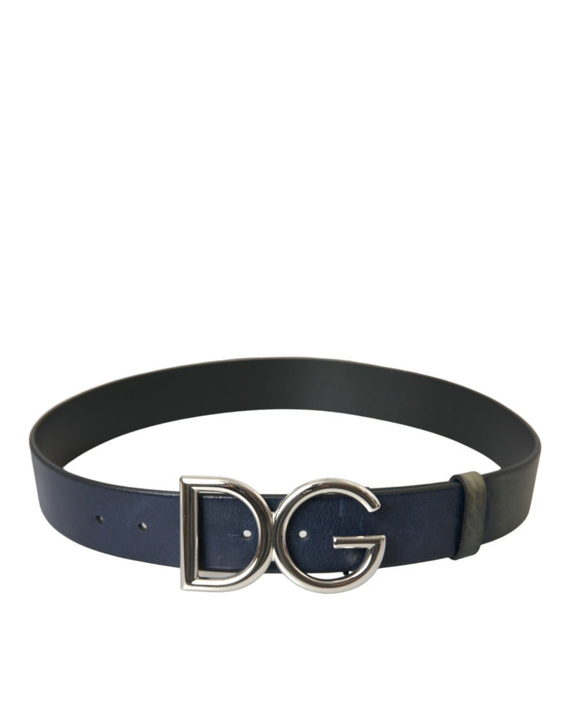 Blue Leather Silver Metal Logo Buckle Belt Men Dolce & Gabbana