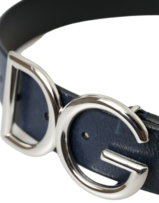 Blue Leather Silver Metal Logo Buckle Belt Men Dolce & Gabbana