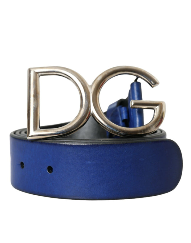 Blue Leather Silver Metal Logo Buckle Belt Men Dolce & Gabbana