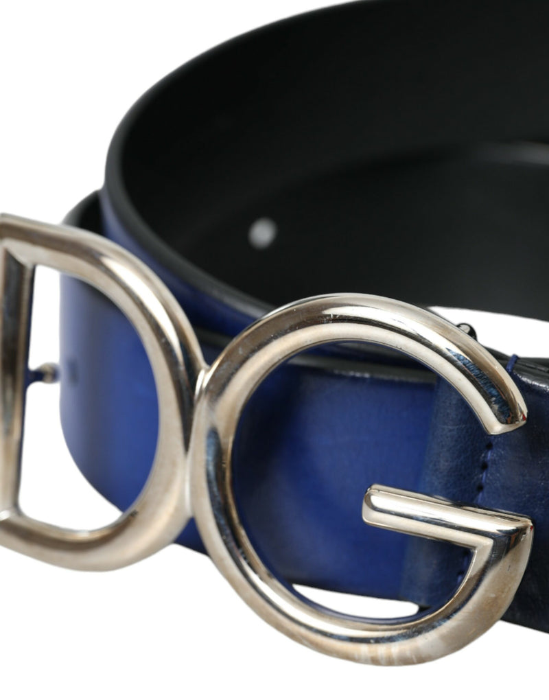 Blue Leather Silver Metal Logo Buckle Belt Men Dolce & Gabbana