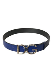 Blue Leather Silver Metal Logo Buckle Belt Men Dolce & Gabbana