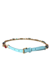 Light Blue Leather Crystal Chain Waist Belt Dolce & Gabbana