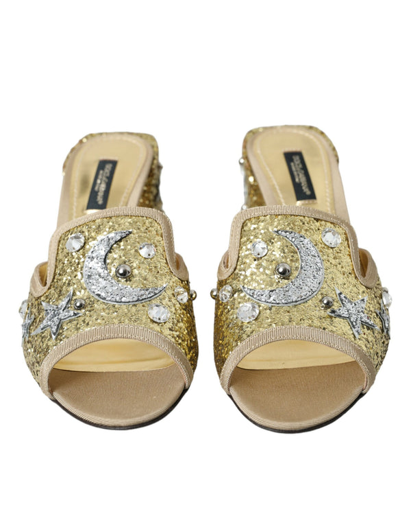 Gold Sequin Leather Heels Sandals Shoes Dolce & Gabbana