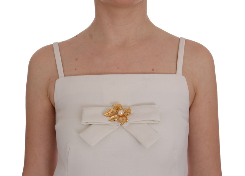 Elegant White Wool Shift Dress with Gold Brooch Dolce & Gabbana