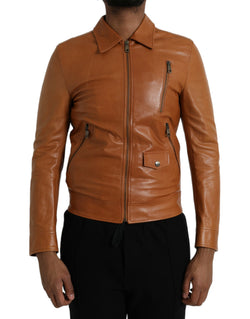 Brown Lamb Leather Full Zip Blouson Jacket Dolce & Gabbana