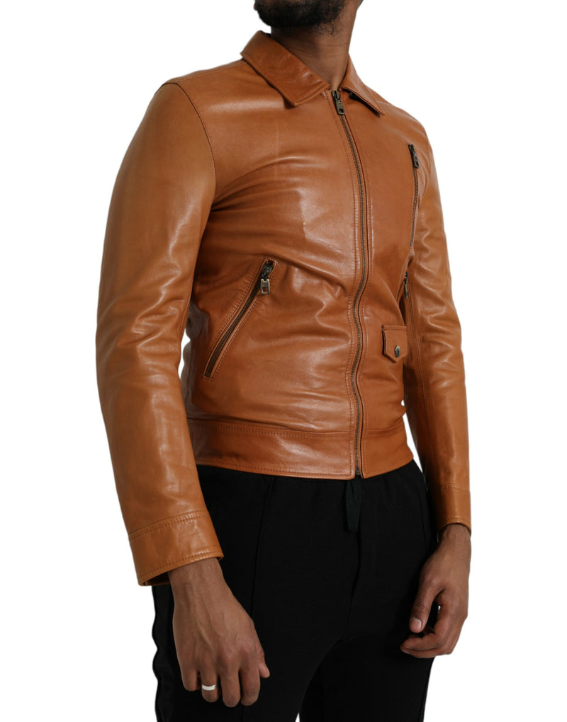 Brown Lamb Leather Full Zip Blouson Jacket Dolce & Gabbana