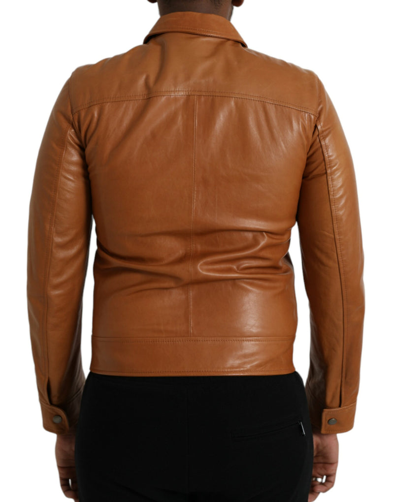 Brown Lamb Leather Full Zip Blouson Jacket Dolce & Gabbana