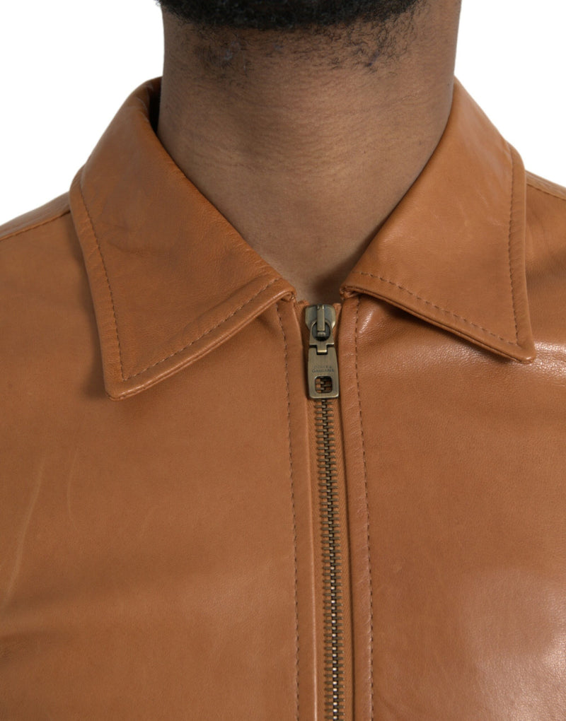 Brown Lamb Leather Full Zip Blouson Jacket Dolce & Gabbana