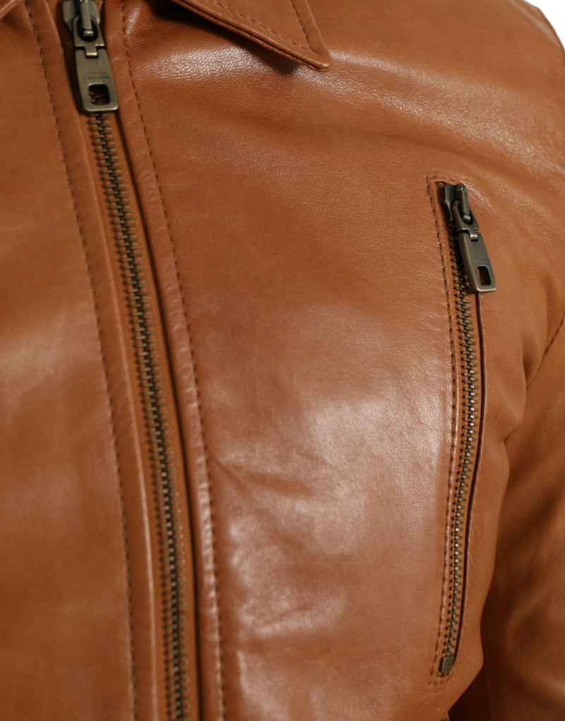 Brown Lamb Leather Full Zip Blouson Jacket Dolce & Gabbana