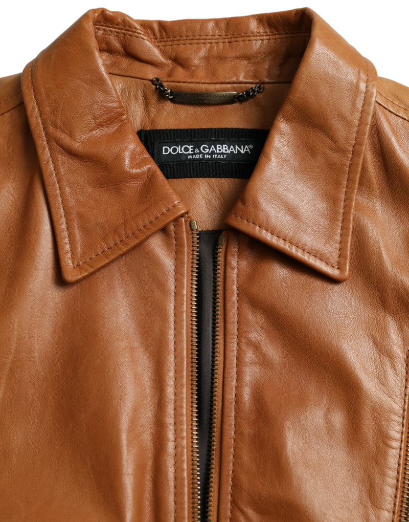 Brown Lamb Leather Full Zip Blouson Jacket Dolce & Gabbana