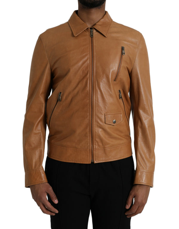 Brown Lamb Leather Full Zip Blouson Jacket Dolce & Gabbana