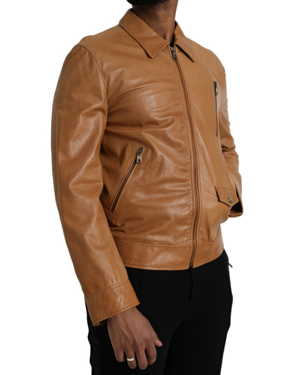 Brown Lamb Leather Full Zip Blouson Jacket Dolce & Gabbana