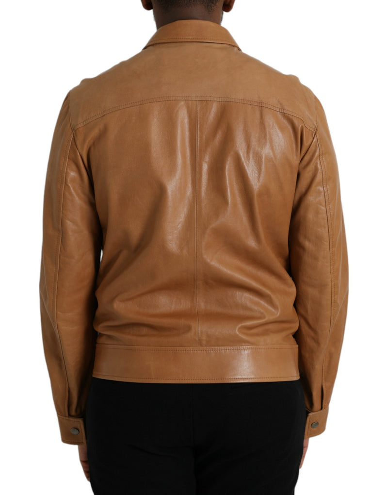 Brown Lamb Leather Full Zip Blouson Jacket Dolce & Gabbana