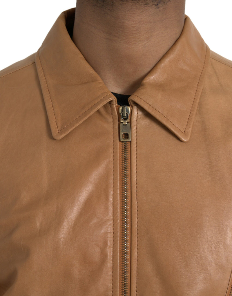 Brown Lamb Leather Full Zip Blouson Jacket Dolce & Gabbana