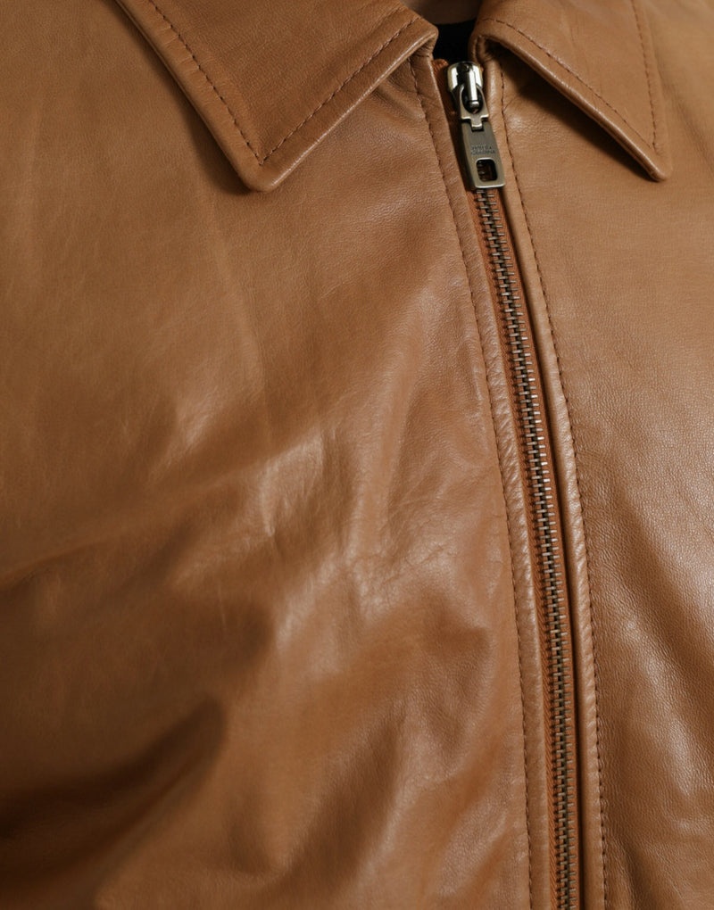 Brown Lamb Leather Full Zip Blouson Jacket Dolce & Gabbana