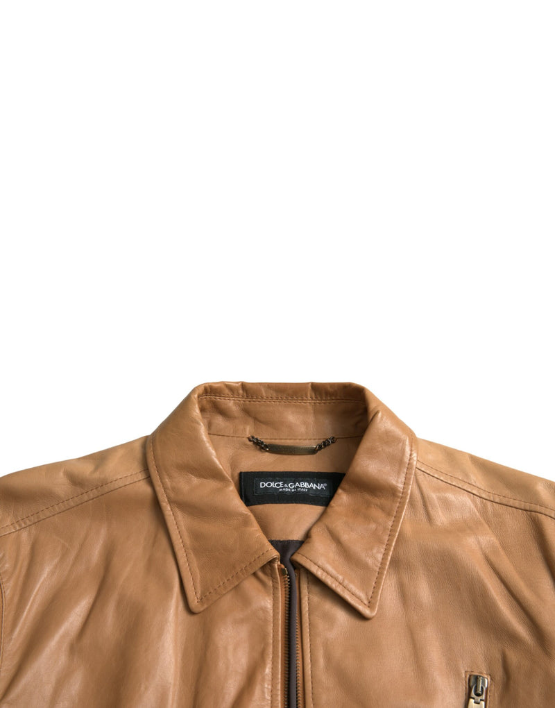 Brown Lamb Leather Full Zip Blouson Jacket Dolce & Gabbana