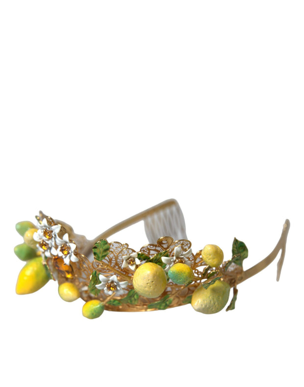 Gold Tone Brass Crystal Sicily Lemon Head Crown Tiara Dolce & Gabbana