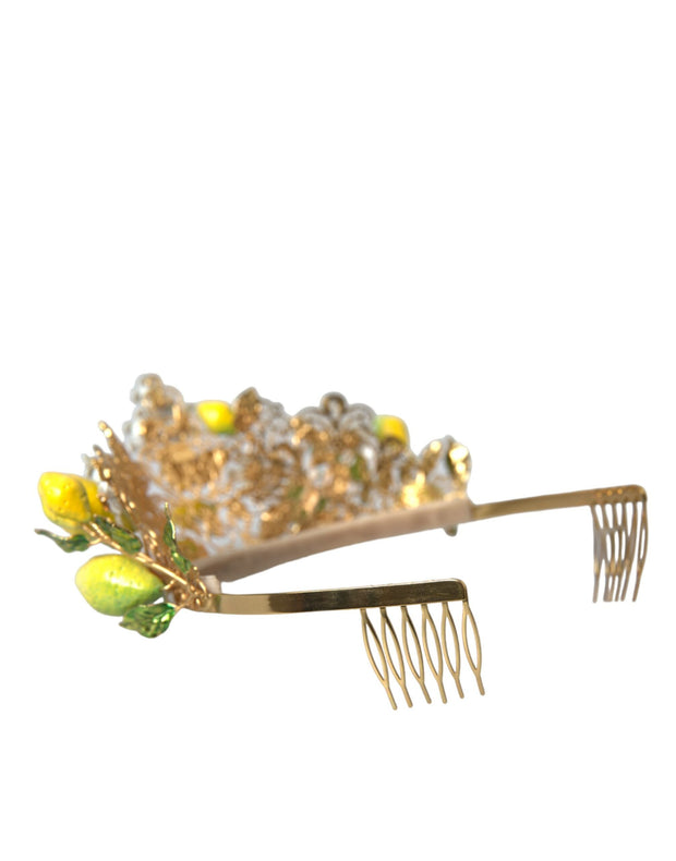 Gold Tone Brass Crystal Sicily Lemon Head Crown Tiara Dolce & Gabbana