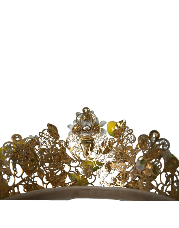 Gold Tone Brass Crystal Sicily Lemon Head Crown Tiara Dolce & Gabbana