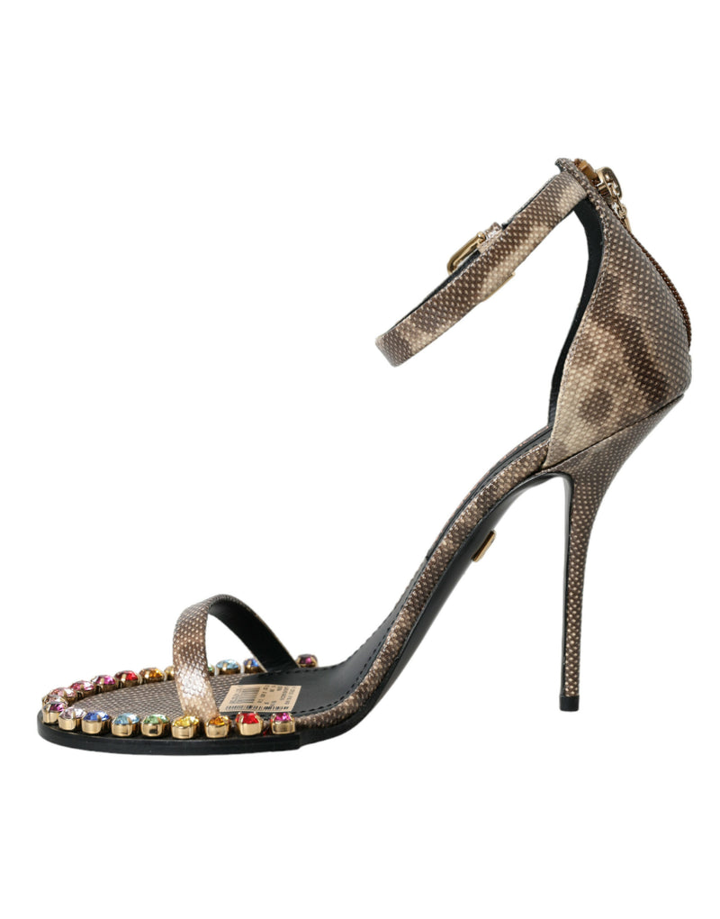 Brown Exotic Leather Crystal Sandals Shoes Dolce & Gabbana